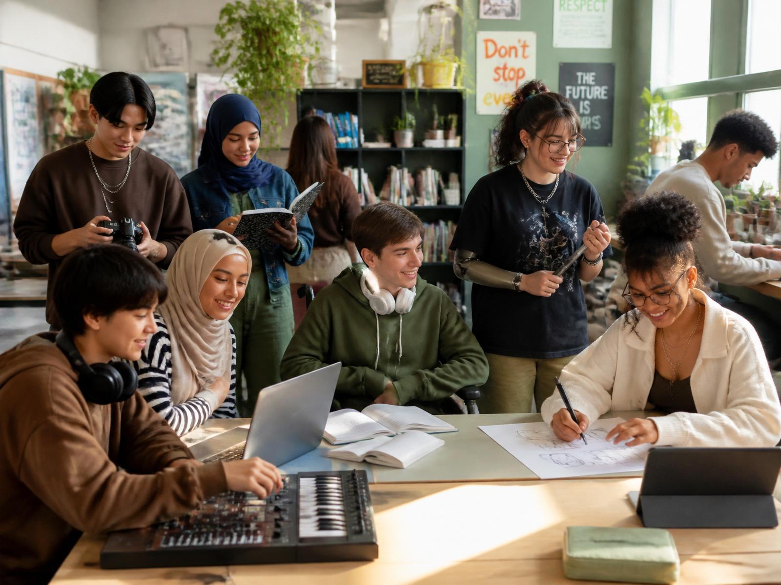 High school students collaborating on laptops