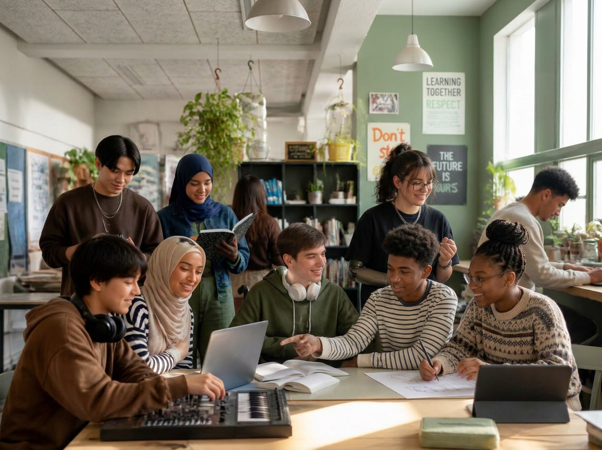 High school students collaborating on laptops